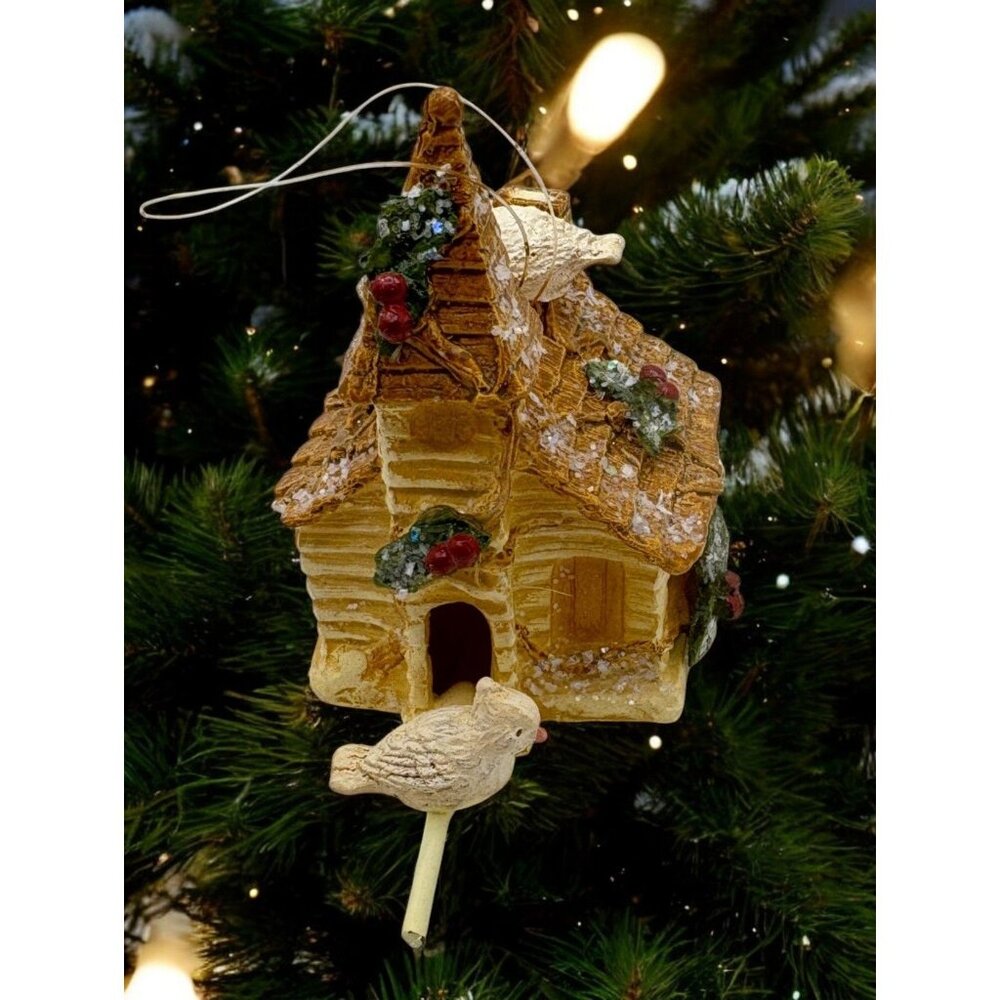 Rustic Birdhouse Church Christmas Tree Ornament White Birds Holly Glitter Accent